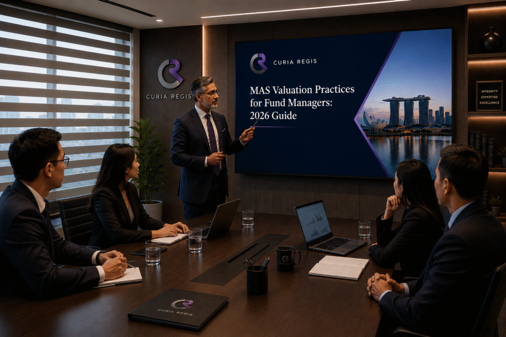 A professional presentation on MAS valuation practices for Singapore fund management companies in a corporate boardroom.