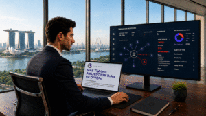 MAS Tightens AML/CFT/CPF Rules for DPTSPs displayed on a laptop as a compliance professional reviews transaction monitoring and AML/CFT controls in a Singapore office.