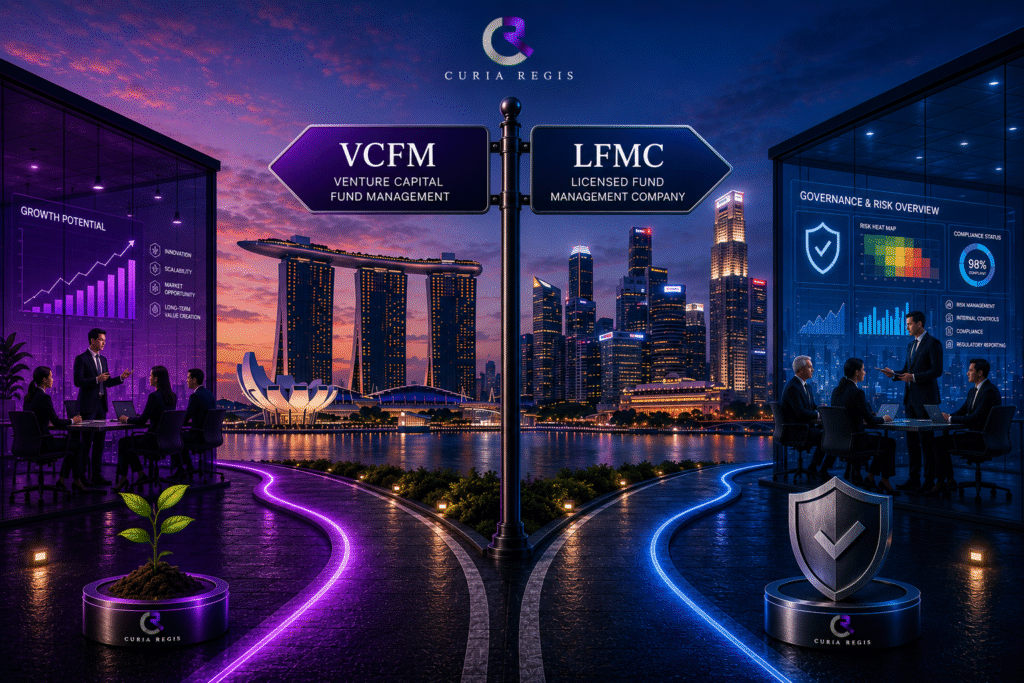 Singapore Fund Manager Licensing comparison between Venture Capital Fund Management (VCFM) and Licensed Fund Management Company (LFMC) under the Monetary Authority of Singapore (MAS).
